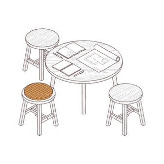 Three wooden stools around a low cedar table, one with a woven cushion