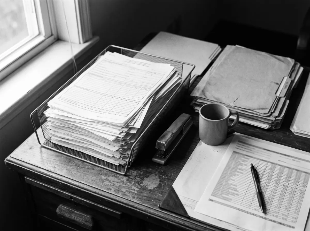 A tray stacked with paper invoices beside a printed spreadsheet