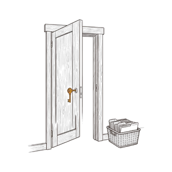 An open timber door with a key in the lock and a woven basket of files beside it