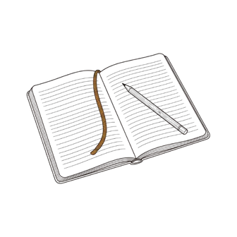An open notebook with a wooden pencil resting across it