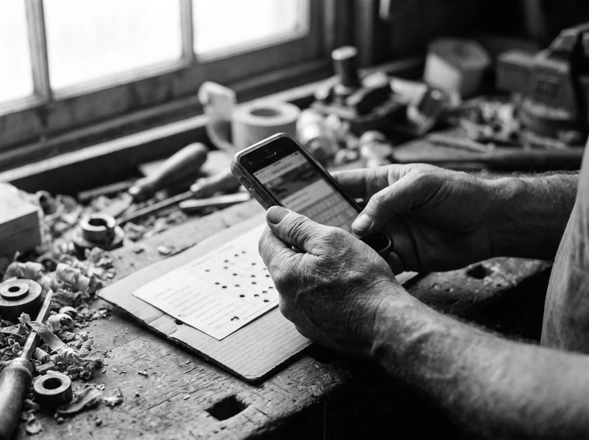 Hands photographing a paper punch card on a workshop bench