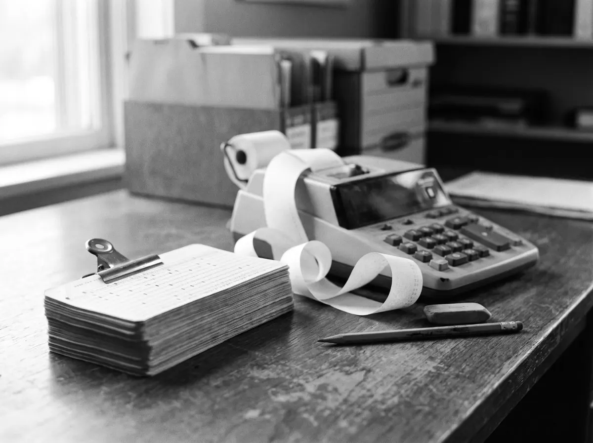A thick stack of paper punch cards beside a desktop calculator with its paper tape curling off the desk