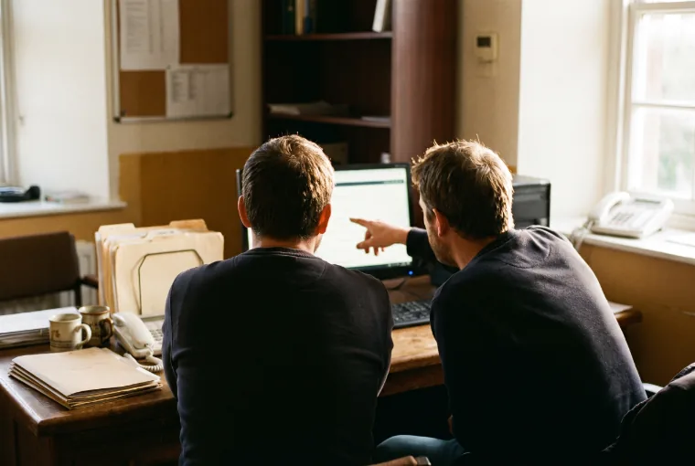 Two office staff looking at one monitor together