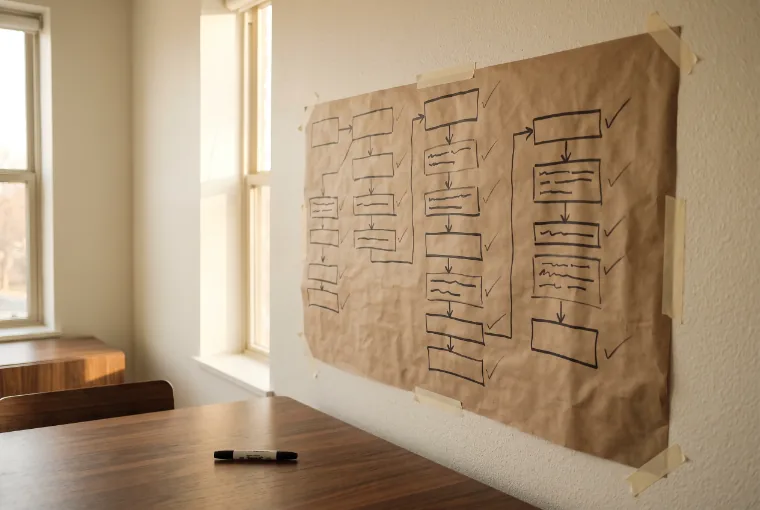 A hand-drawn workflow map on kraft paper, every line item ticked off